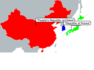 mapchart { CN: "People's Republic of China"
CN.color: ff0000
JP: Japan
JP.color: 00ff00
KR: "Republic of Korea"
KR.color: 0000ff }